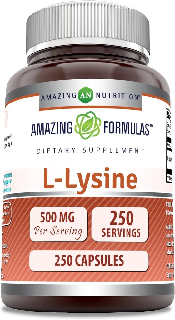 Amazing Formulas L- Lysin 500 Mg Amino Acid Supplement- 124; Kapsler - 124; Non- GMO - 124; Gluten- fri - 124; Fremstillet i USA (1 pakke - 124; 250 Tæl)