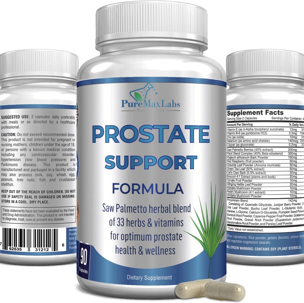 Prostata Support Formel for mænd - Saw Palmetto, Plant Sterol, 33 Urter, Blogen Control Pills til at reducere hyppig vandladning & DHT Blocker til at forhindre hårtab 124; Prostata Supplementering 124; 90 Kapsler