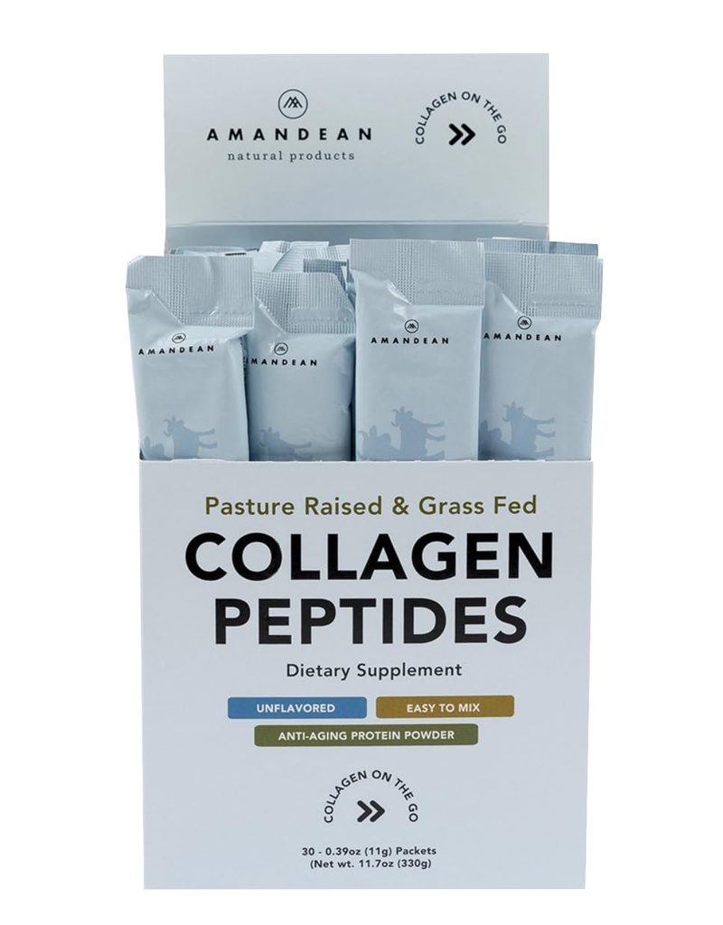 AMANDEAN Collagen Peptider pulver packets â 124; 30 Individuelle Stick Packs â 124; Grass- Fed Hydrolyzed Collagen Protein â 124; Unflavored, Let at blande 124; Rejse venlige â 124; fremmer sund Gut, hud, hår, negle.