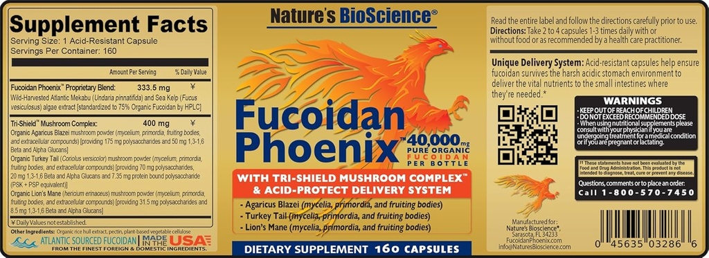 Naturens biovidenskab ® FUCOIDAN Phoenix Advanced: 40.000 mg Pure Organic Fucoidan + 64.000 mg Pure Mushroom