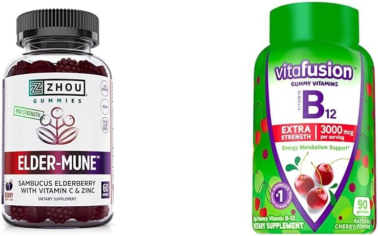 ZHOU Nutrition Elderberry Gummies immunstøtte Bundle med Viafusion Vitamin B12 Gummies Energy Metabolisme Support, 60 og 90 Greve