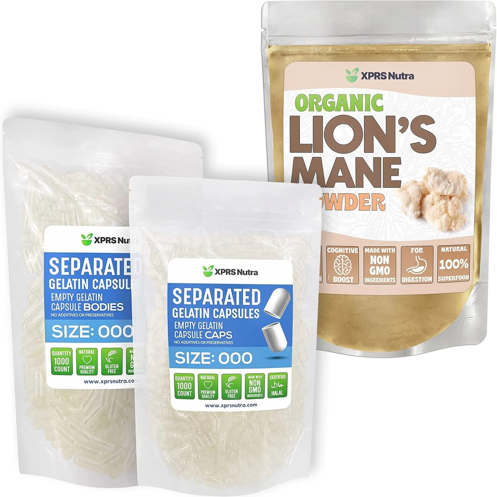 XPRS Nutra Separated Størrelse 000 Kapsler (1000 Tæl) med Lions Mane Powder (8 Ounce) Bundle
