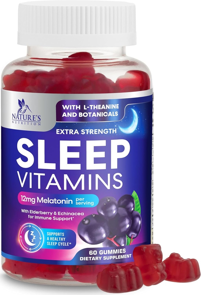 Sovegummi med Melatonin 12 mg - Ekstra styrke Sove Vitamin Gummy, Natural Melatonin Gummy, Lejlighedsvis sovende Support for voksne, Vegan, Non- GMO, Gomitas para Dormir - 60 Gummies