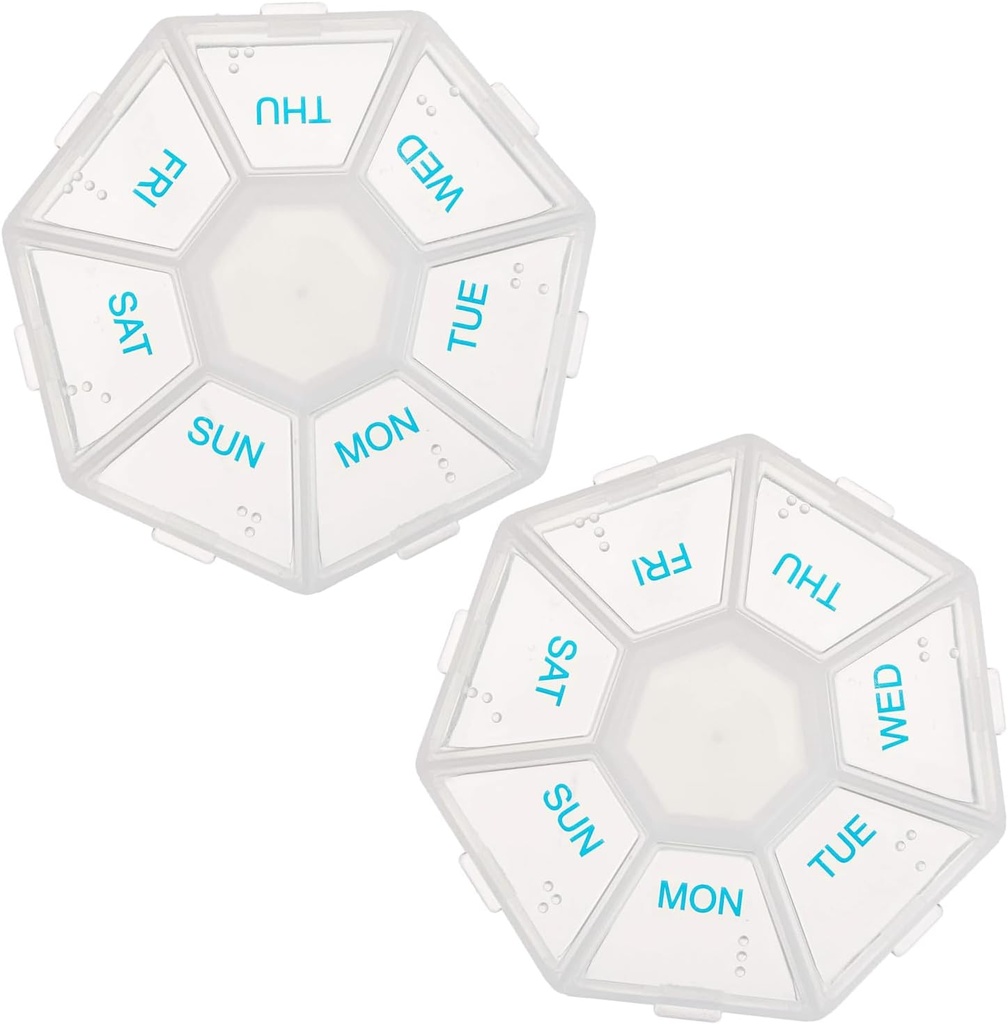 Deke Home - Medicine Pill Organizer med Braille Label (2 Pack), 14 dages pillebokse, Clear Lids, 2 Week Pill Organizer, Weekly Organizer for Medication Management, Compact, Easy Viewing