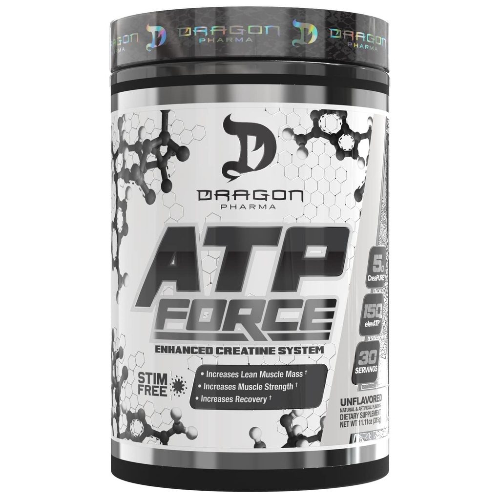 DRAGON PHARMA ATP Force Enhanced Creatin System, Stim- Free, Forøg Lean Muscle Mass & Recovery, 5 Bedste CreaPure, Forbedrer blodgennemstrømning (30 Servere, Unflavored)