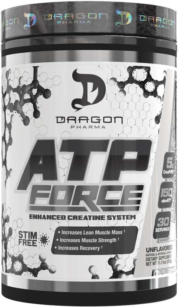 DRAGON PHARMA ATP Force Enhanced Creatin System, Stimuleringsfri, Forøg Lean Muscle Mass & Recovery, 5 Bedste CreaPure, Forbedrer blodgennemstrømning (30 Servere, Unflavored)