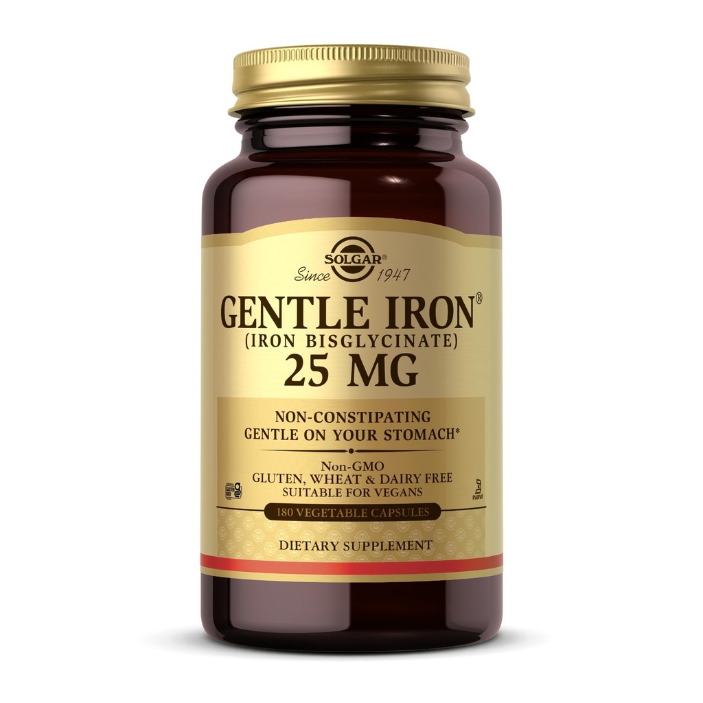 Solgar Gentle Jern (Iron Bisglycinate) 25 mg - 180 Vegetabilske kapsler - Non- Constipating, Gentle på din mave - Non- GMO, Gluten Free - 180 Servere
