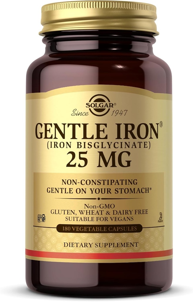 Solgar Gentle Jern (Iron Bisglycinate) 25 mg - 180 Vegetabilske kapsler - Non- Constipating, Gentle på din mave - Non- GMO, Gluten Free - 180 Servere
