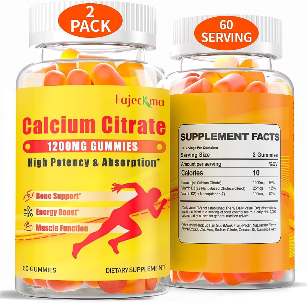 1200mg Calcium Citrate Gummies for Adult: Sugar Free Vegan Vitamin Supplement med D3 K2 - Women Men High Absorption Supplement for Knogletænder (60 Greve (pakke med 2))
