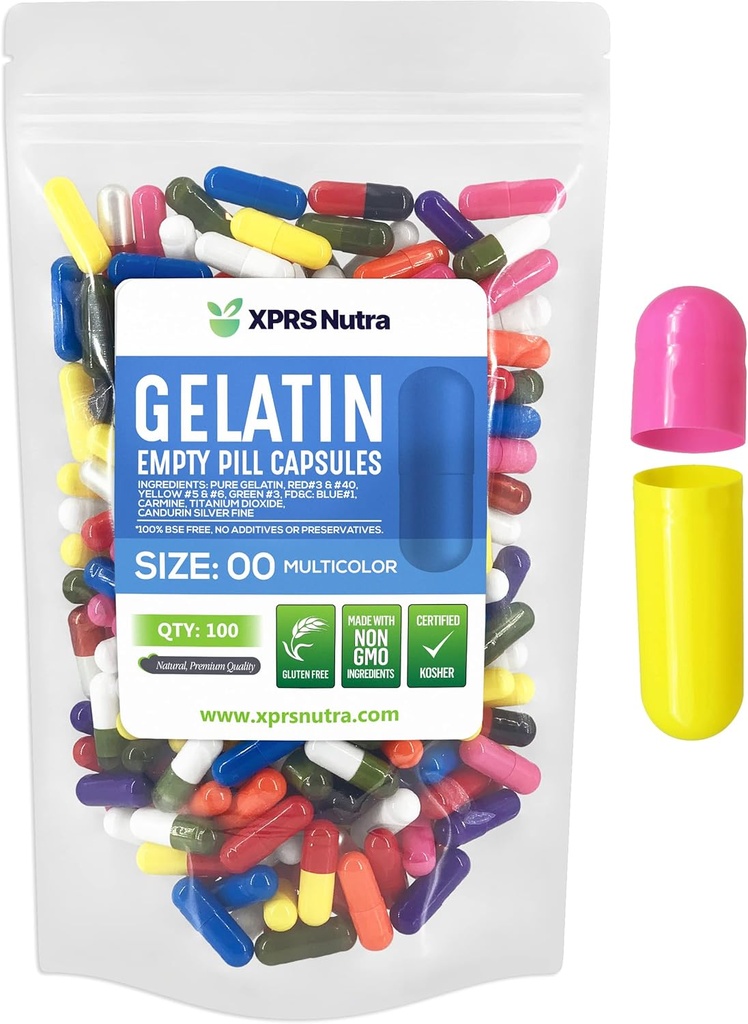 XPRS Nutra Størrelse 00 Tomme kapsler - 100 Grev Tomme Gelatine kapsler - Piller gør det selv Capsule Fyldning - Fyldelige Pille Gel Caps til Do- It- Yourself Kosttilskud (Multi Color)