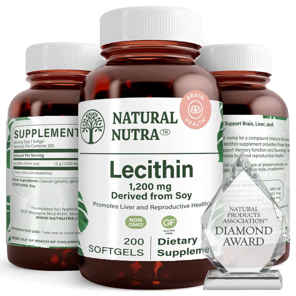Naturlig Nutra Soy Lecithin 1200 mg Kosttilskud - Brain Function, Leversundhed, Forbedre Procreant Health, Boosting Supplement - Gluten- Free, BPA- Free, 200 Softgels i genanvendelige glasflasker