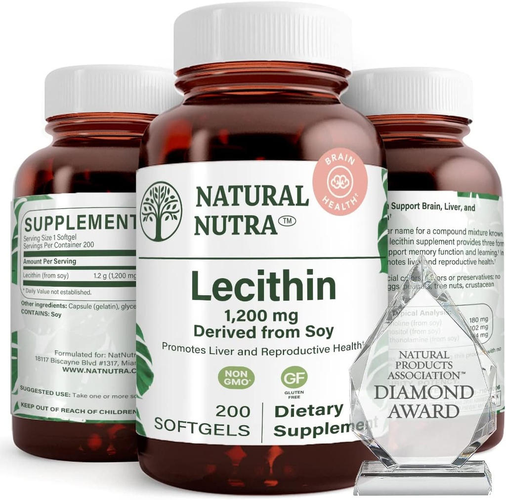 Naturlig Nutra Soy Lecithin 1200 mg Kosttilskud - Brain Function, Leversundhed, Forbedre Procreant Health, Boosting Supplement - Gluten- Free, BPA- Free, 200 Softgels i genanvendelige glasflasker