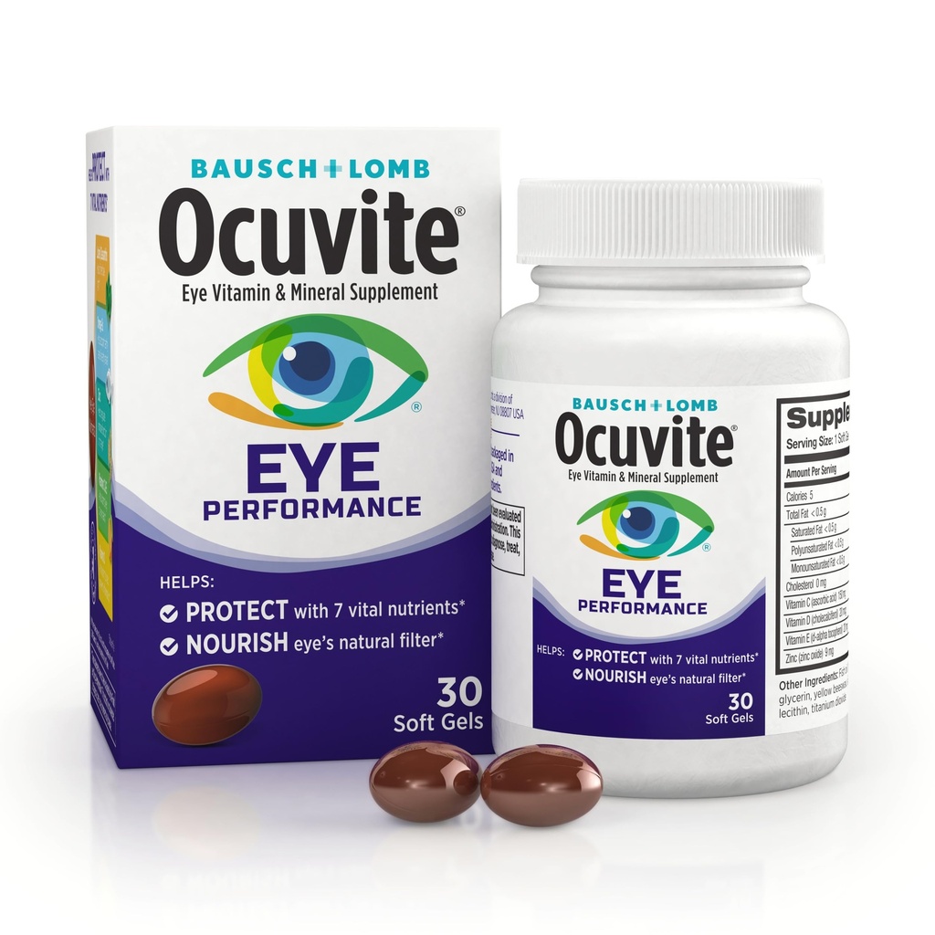 Ocuvite Eye Performance Vitamin & Mineral Supplement, Lutein og Zeaxanthin Kosttilskud, Vitamin C, D, E, Zink, og Omega-3, Hjælper Beskyt øjne fra sol og blå lys, 30 Softgels