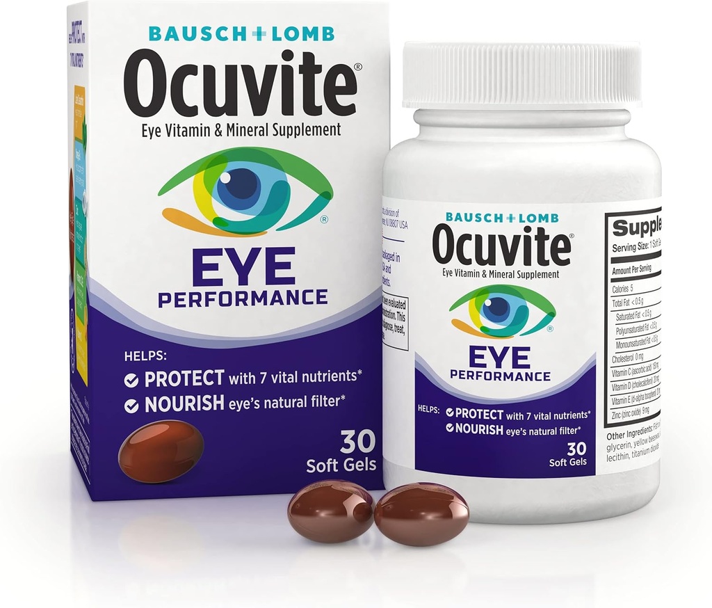 Ocuvite Eye Performance Vitamin & Mineral Supplement, Lutein og Zeaxanthin Kosttilskud, Vitamin C, D, E, Zink, og Omega-3, Hjælper Beskyt øjne fra sol og blå lys, 30 Softgels