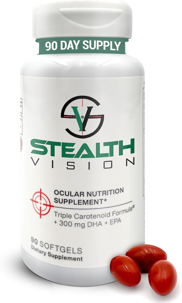 Stealth Vision Eye Vitamin, Øje tillæg med Lutein, Zeaxanthin, og Meso-Zeaxanthin, Non- GMO Eye Health Vitamin til voksne, Vision Essentials for Complete Eye Support (90 softels)
