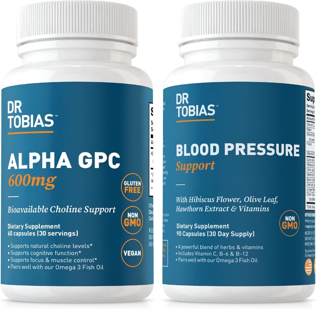 Dr. Tobias Alpha GPC & Blood Pressure Support - Support Cognitive Function & Circulatory Wellness with Bioavailable Cholin Supplement, Urter & Vitamin, Non- GMO