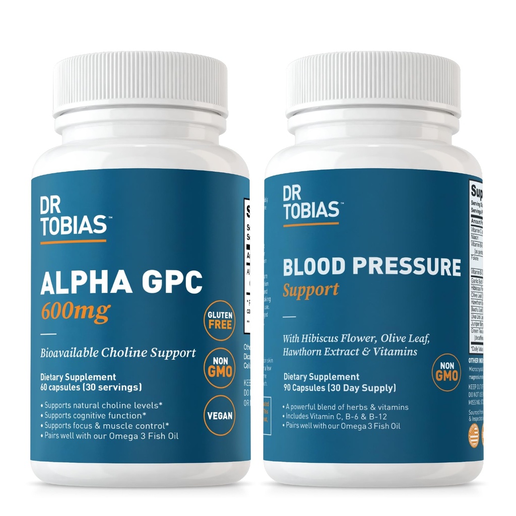 Dr. Tobias Alpha GPC & Blood Pressure Support - Support Cognitive Function & Circulatory Wellness with Bioavailable Cholin Supplement, Urter & Vitamin, Non- GMO