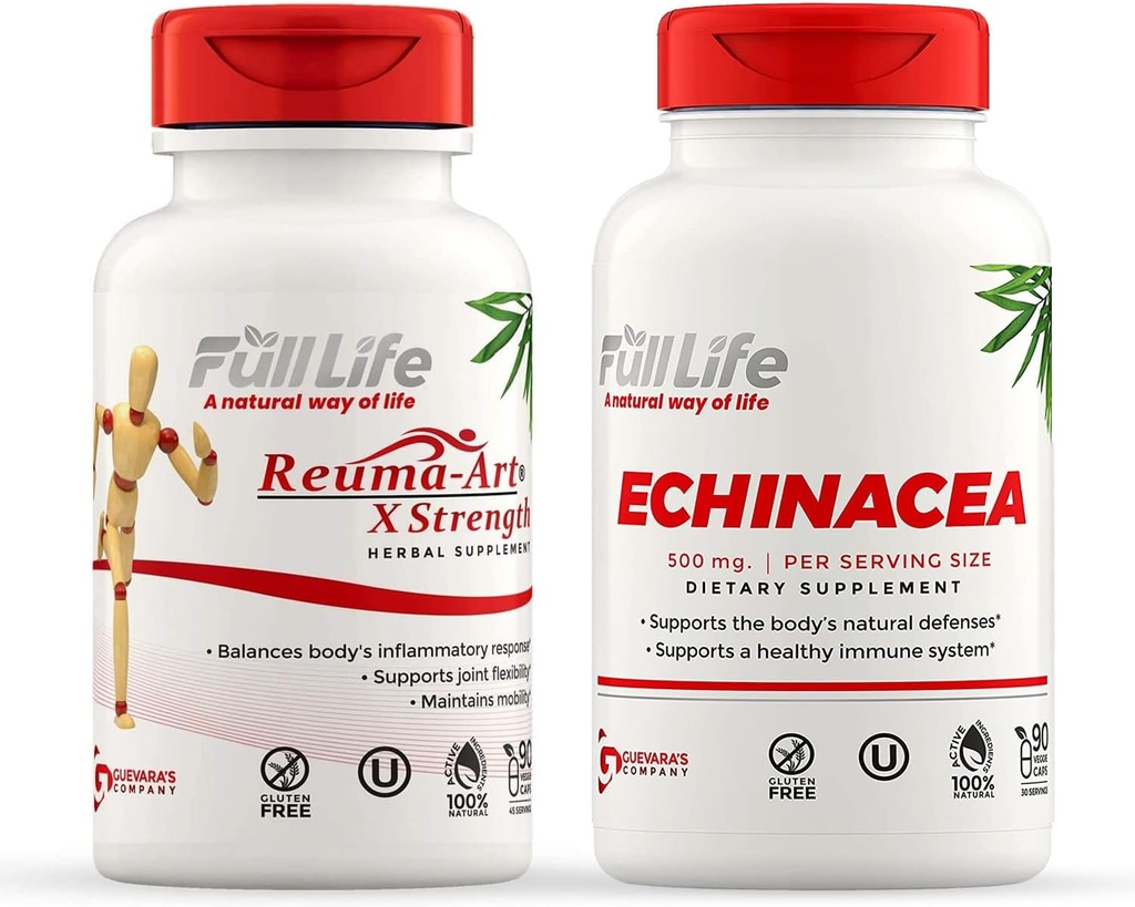 Full Life Reuma- Art X Styrke og Echinacea Kapsler - Fælles Support - Echinacea Purpurea Extract - Kosher, Gluten- Free - 90 Veggie Kapsler Hver