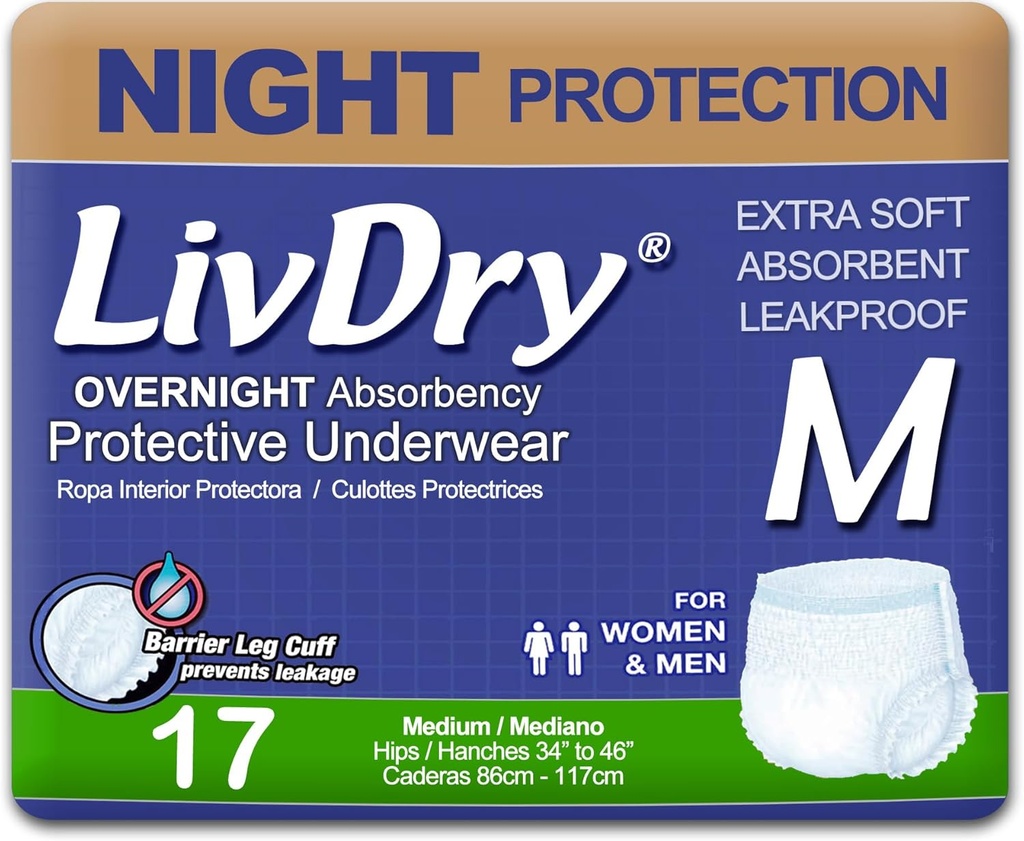LivDry Voksen M Inkontinens Undertøj, Overnatning Comfort Absorption, Læbe Beskyttelse, Medium, 17- Pack