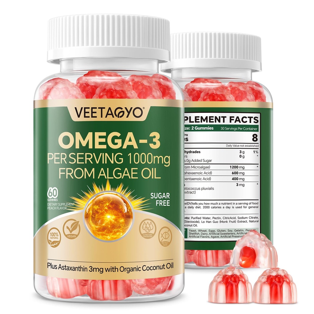 Vegan Omega 3 Gummies 1200mg - Dual Layer - Fish Oil Alternative, Marine Alger Omega 3 Supplement DHA 600mg, EPA 400mg med Astaxanthin, Sugar Free, 60 Cts