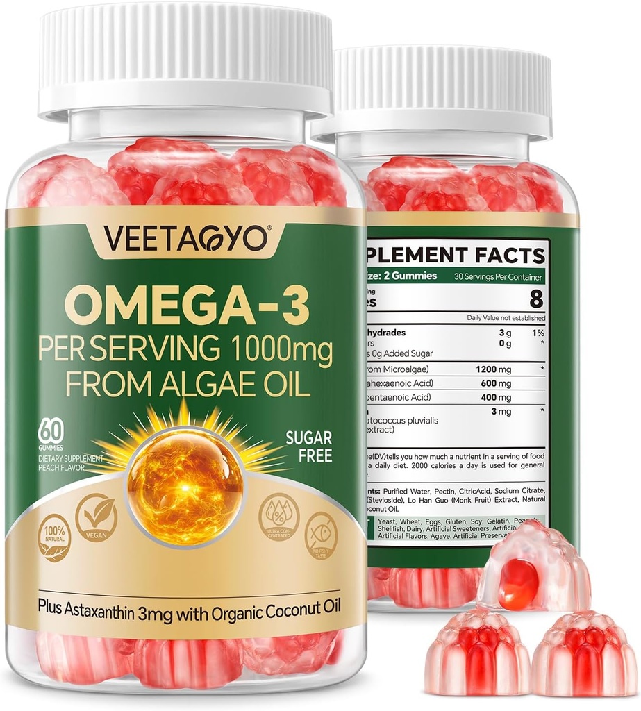 Vegan Omega 3 Gummies 1200mg - Dual Layer - Fish Oil Alternative, Marine Alger Omega 3 Supplement DHA 600mg, EPA 400mg med Astaxanthin, Sugar Free, 60 Cts