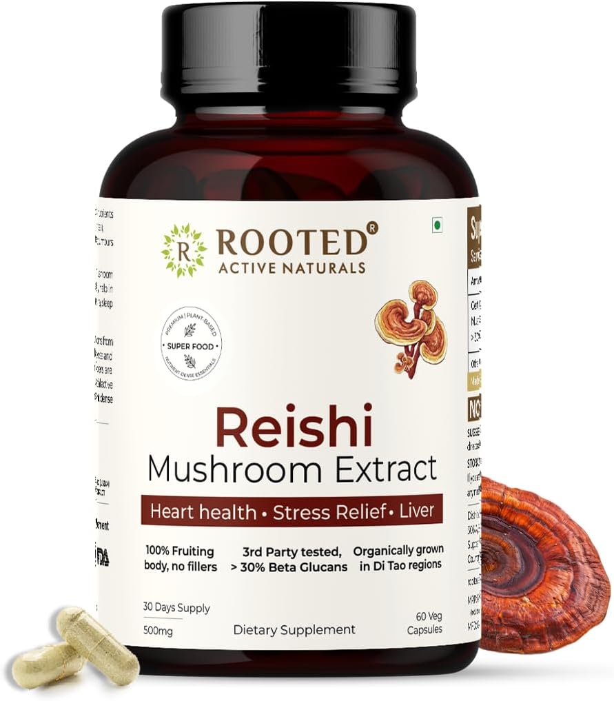 ROOTED Reishi Mushroom Extract Capsules (60 Veg Caps, 500 mg) | Heart Health, Stress Relief, Liver. USDA Organic, 30% Beta Glucans, Certified Organic