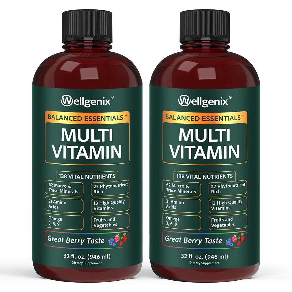Wellgenix Balanced Essentials Plus New Formel - Berry Flavor 32oz (pakke af 2) - Flydende Vitamin - Komplet Multivitamin supplement - Immunosting & Samlet sundhed - Voksne, Børn, Tandlæger