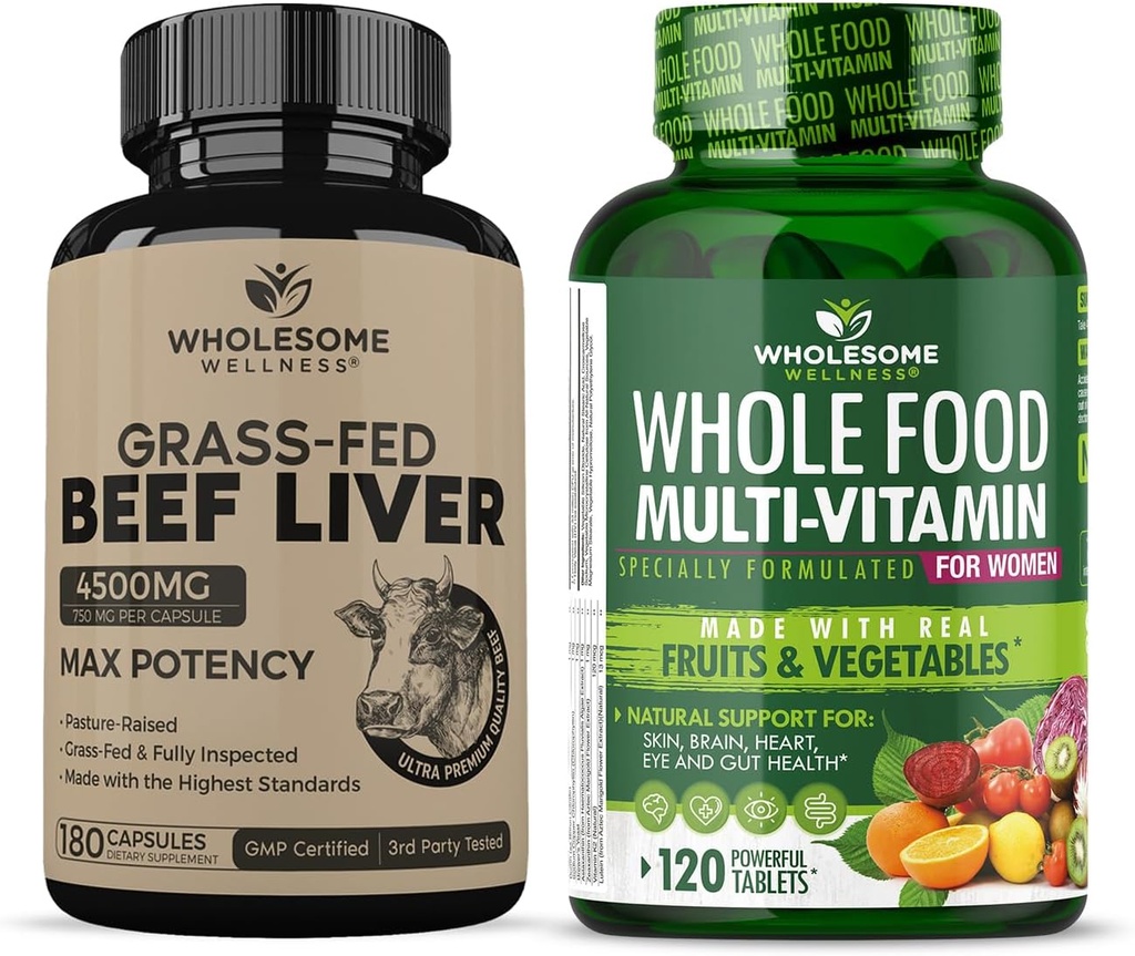 Grass Fed Decickated Beef Leverkapsler (180 piller, 750mg Hver) + hel mad Multivitamin til kvinder - naturlige Multi Vitaminer, mineraler, Økologiske Ekstrakter Bundle