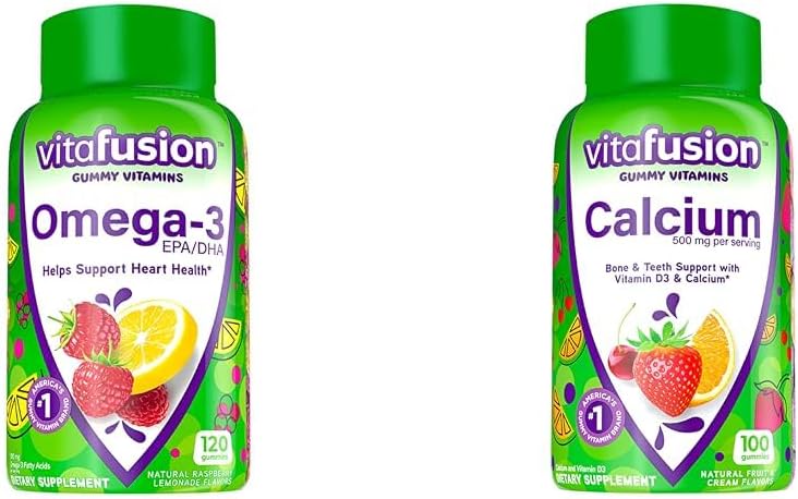 Viafusion Omega-3 Gummy Vitamin, Berry Lemonade Flavored, Heart Health Vitamin (1) & Chewable Calcium Gummy Vitamin til ben og tænder Support, Frugt og fløde Flavored