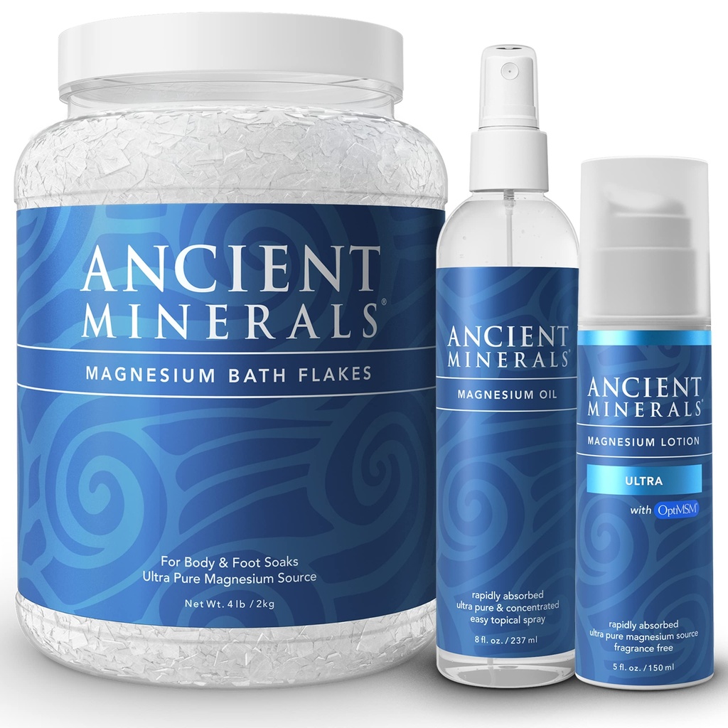Antikke mineraler Magnesiumbad flakes - Magnesiumoliespray og lotion Ultra med MSM - høj- Absorptionseffektivitet for afslapning, Wellness & Muscle Relief