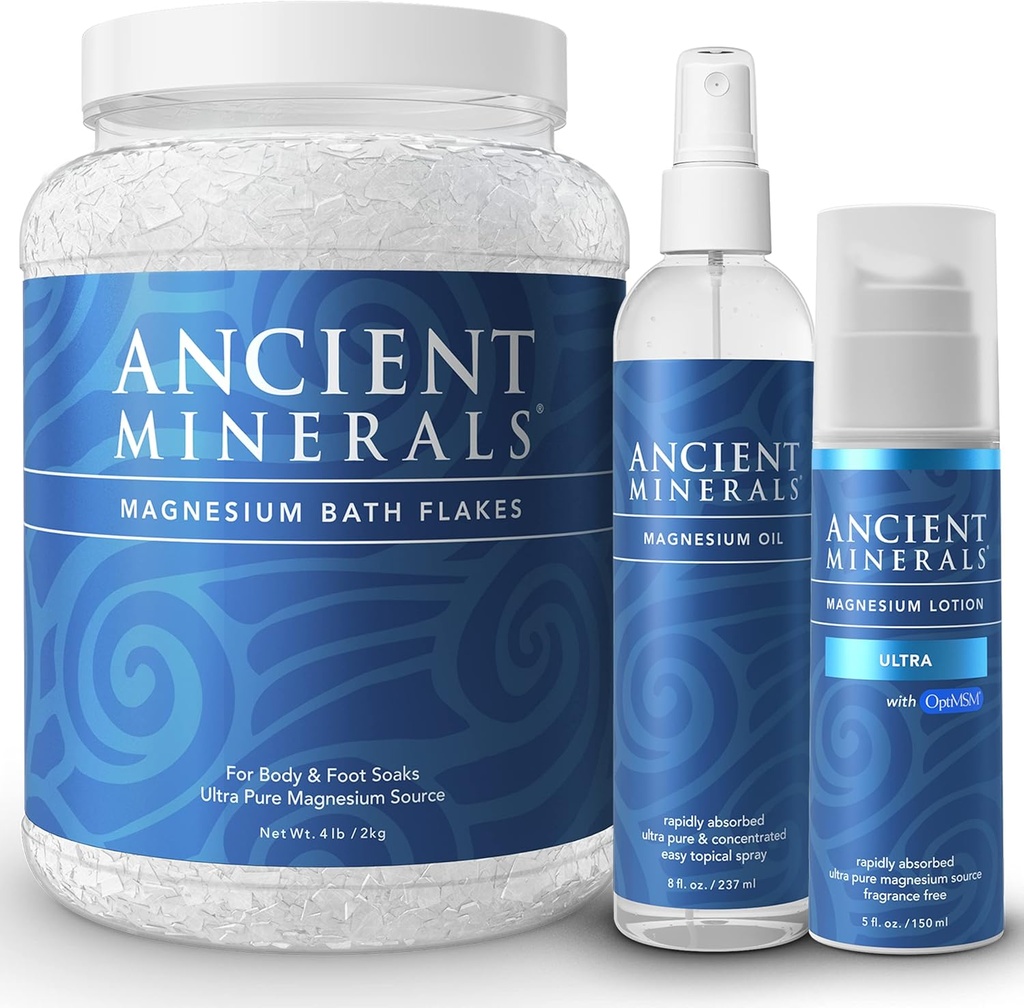 Antikke mineraler Magnesiumbad flakes - Magnesiumoliespray og lotion Ultra med MSM - høj- Absorptionseffektivitet for afslapning, Wellness & Muscle Relief