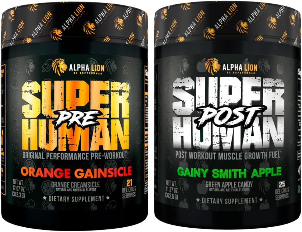 LEONA LION Superhuman Pre Workout Powder & Post Workout Recovery Bundle, Vedvarende energi & Focus + Lean Muscle Growth, Strength & Volume (Hulk Juice & Gainy Smith Apple)