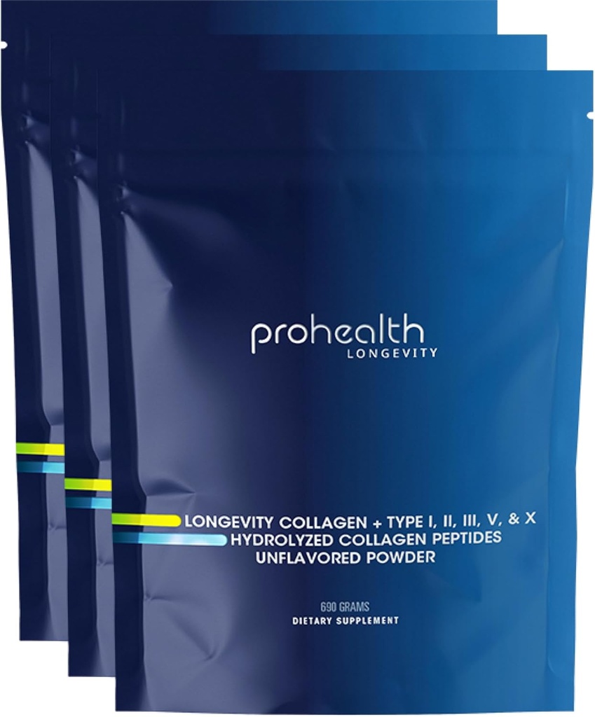 ProHealth Longevity Collagen Peptider Powder - for mennesker over 40. 20g Multi Collagen. 2g Pro- Collagen. Hyaluronsyre. Type I, II, III, V, X for Joints, Bones, Hår, Hud, Muskler, Gut - (3 Pack)