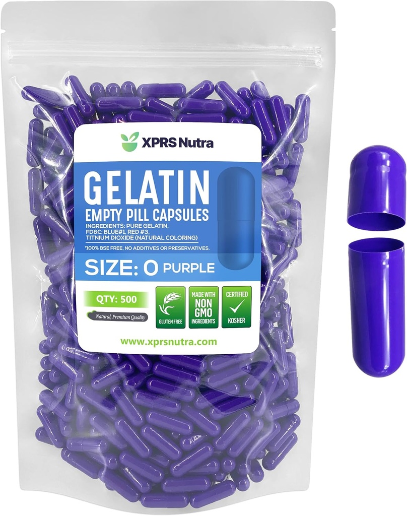 XPRS Nutra Størrelse 0 Tomme kapsler - 500 Tomme Gelatine kapsler - Piller selv Capsule Fyldning - Pure Bovin Pill Gel Caps til Do- It- Yourself Kosttilskud (lilla)