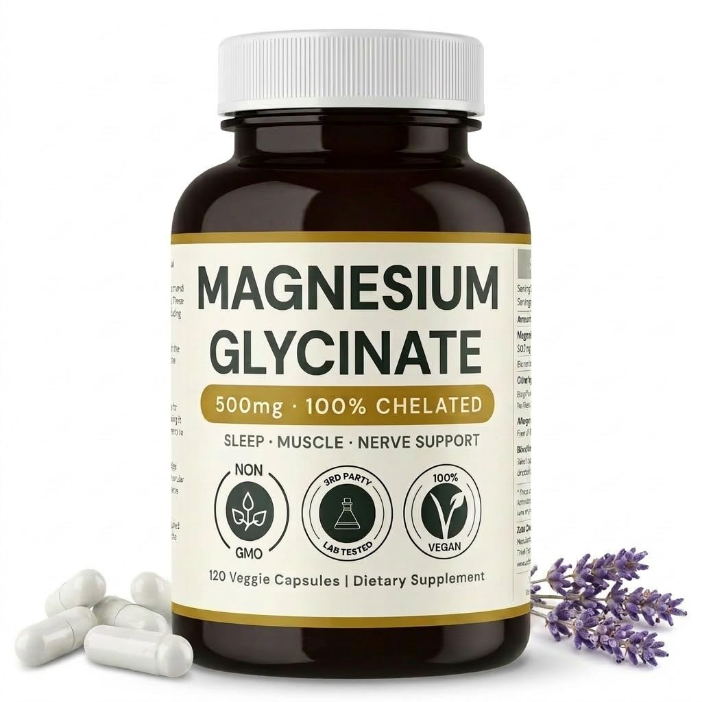 Magnesium Glycinate - 500mg, 120 kapsler, 4 måneders forsyning, understøtter stress relief, søvn, hjerte sundhed, nerver, muskler, Metabolisme * Vegan, 3. part testet, gluten fri, ikke-GMO af Zeta Chad Labs