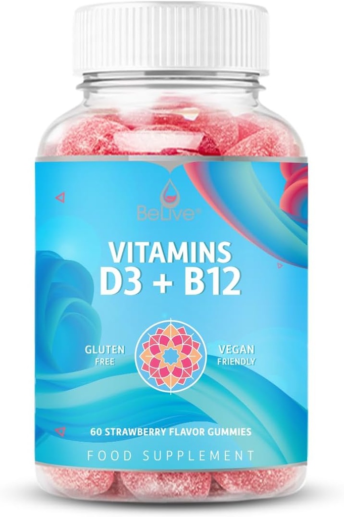 BeLive Vitamin D3 Gummier med B12 Vitaminer - 60 Ct I Immunstøtte Gummies med Vegan Vitamin B12 & D3, Giver forbedret Bone & Muscle Styrke, Hæld sundhed og energi - Jordbær Flavor