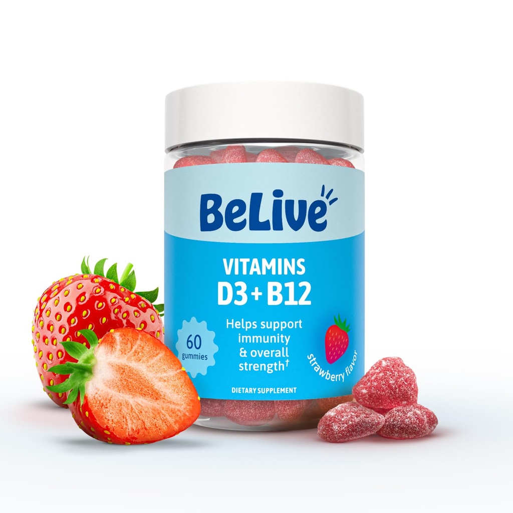 BeLive Vitamin D3 Gummier med B12 Vitaminer - 60 Ct I Immunstøtte Gummies med Vegan Vitamin B12 & D3, Giver forbedret Bone & Muscle Styrke, Hæld sundhed og energi - Jordbær Flavor