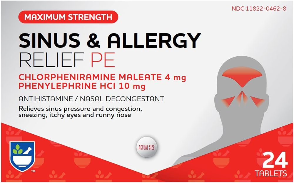 Rite Aid Sinus & Allergy Relief PE tabletter, Maksimal styrke - 24 Tæl 124; Antihistamin og Nasal Decongestant