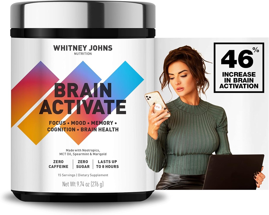 Whitney Johns - Brain Booster Supplement, Nootrop Focus, Brain Supplements for Memory & Focus, Reducer Brain Fog med hurtig fungerende Unique MCT C8 - Zero Sugar & Coffein, 2 Tubs