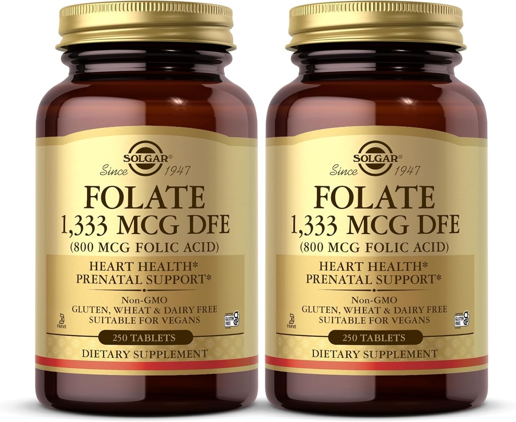 Solgar Folate 1,333 mcg DFE (Folinsyre 800 mcg) - 250 tabletter, Pack of 2 - Prenatal Support - Non- GMO, Vegan, Gluten Free, Dairy Free, Kosher - 500 Total Servering