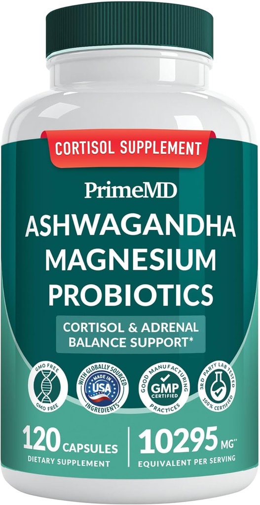 5-in-1 Cortisol Supplement for kvinder og mænd med Ashwagandha til Calmness, Focus og Adrenal Support Support med Shilajit Extract, Magnesium Glycinate, Probiotika (120 ct) (Pack of 1)