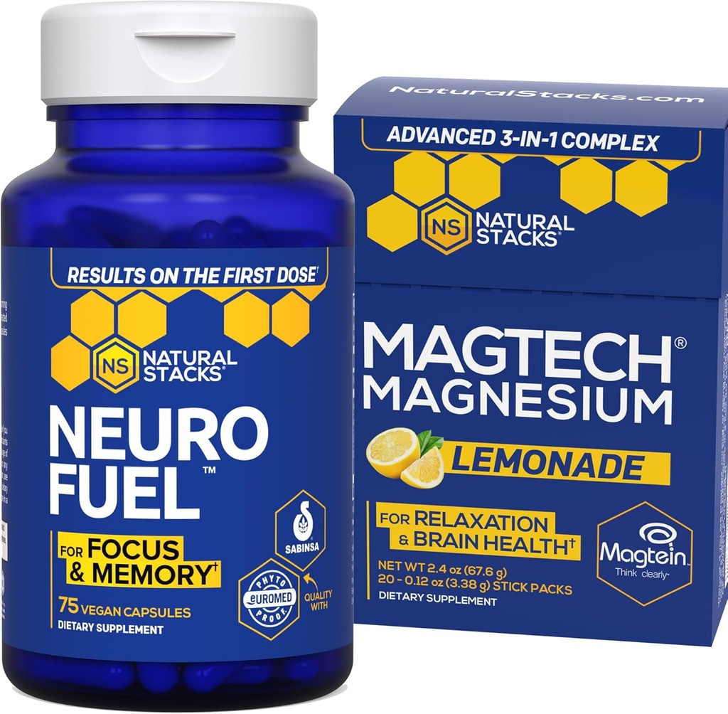 NATURLIGE STAKKER Magtech Magnesium Lemonade + NeuroFuel Nootrop Bundle - understøtter fokus og hjerne sundhed * - 45 Total Servering