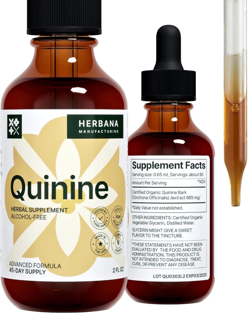 Quinine Liquid Extract 2 fl oz - Supplement til fordøjelsesstøtte - Natural Liquid Drops - Cinchona Officinalis Bark - Tinktur for Cramp Defense for Man & Woman - High Potency - 45-Day Supply