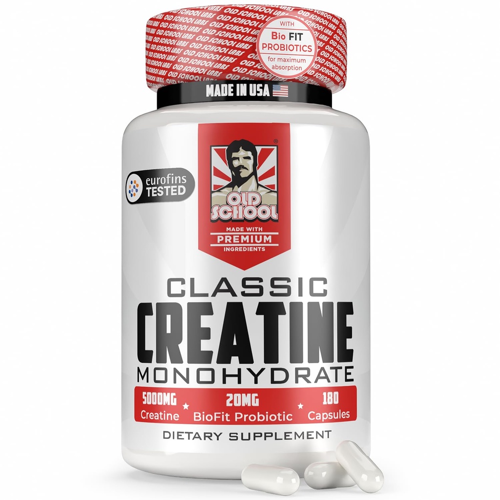 Old School Labs 5000mg Creatinine Monohydrat Kapsler med BioFit ™ (Max Strength) Understøtter Muscle Growth & Recovery, Performance, Kognitiv Sundhed - Creatin Pills for Mænd og Kvinder, Lavet i USA 180 Caps