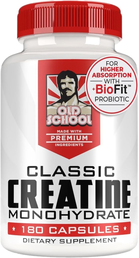Old School Labs 5000mg Creatinine Monohydrat Kapsler med BioFit ™ (Max Strength) Understøtter Muscle Growth & Recovery, Performance, Kognitiv Sundhed - Creatin Pills for Mænd og Kvinder, Lavet i USA 180 Caps