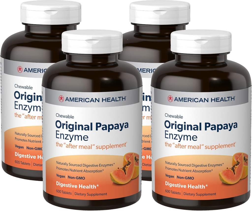 American Health Original Papaya Enzyme - 600 tyggetabletter, pakke af 4 - Eftermåltid tillæg - ikke-GMO, Vegan - 800 Total Servering