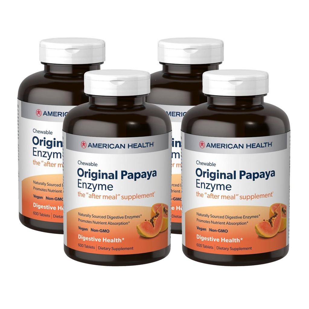 American Health Original Papaya Enzyme - 600 tyggetabletter, pakke af 4 - Eftermåltid tillæg - ikke-GMO, Vegan - 800 Total Servering