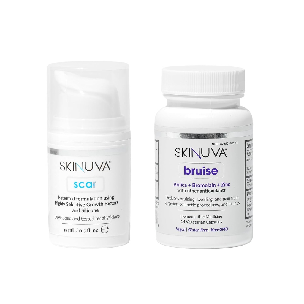 Skinuva ® Scar (0, 5 oz) & Bruise (14 kapsler) - Avanceret silikone Cream Formuleret med vækstfaktorer & Homøopatisk Bruise Remedy Formuleret med Arnica, Bromelain & Zink