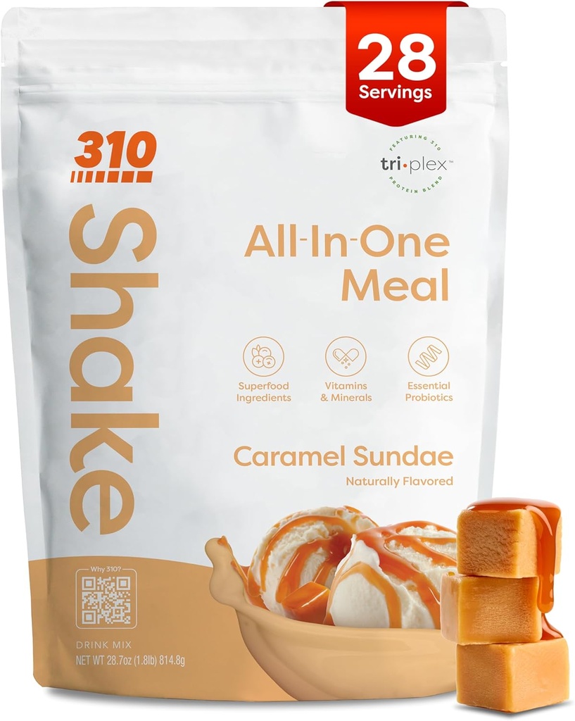 310 Nutrition All- In- One Meal Erstatning Shake Powder - Plantbased Protein Smoothie Blend w / High Fiber, Probiotika & Adaptogens - Low Carb, Vegan, Keto & Paleo Friendly - Caramel Sundae - 28 Srv
