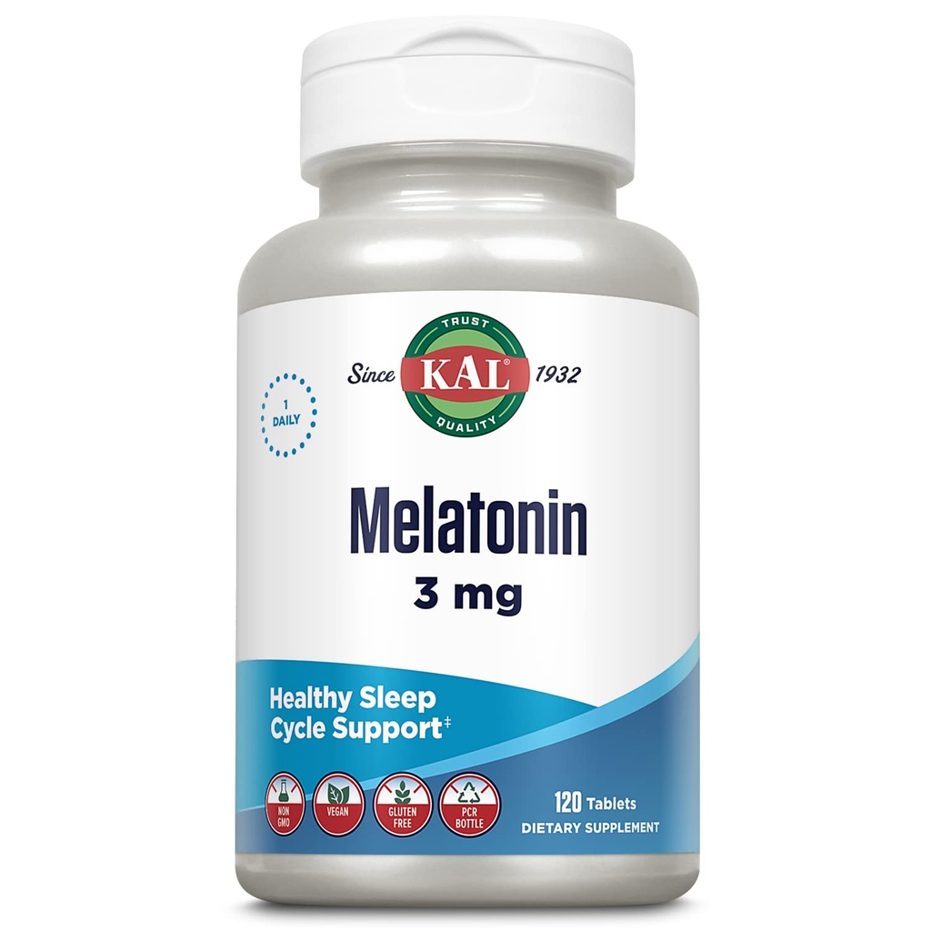KAL Melatonin 3 mg sovestøtte, hurtig opløsning Melatonin tabletter, opkalkning afslapning og sund søvn cyklus support, med tilsat vitamin B6, Vegan, Gluten Free, Non- GMO, 120 Servere, 120 ActivTabs
